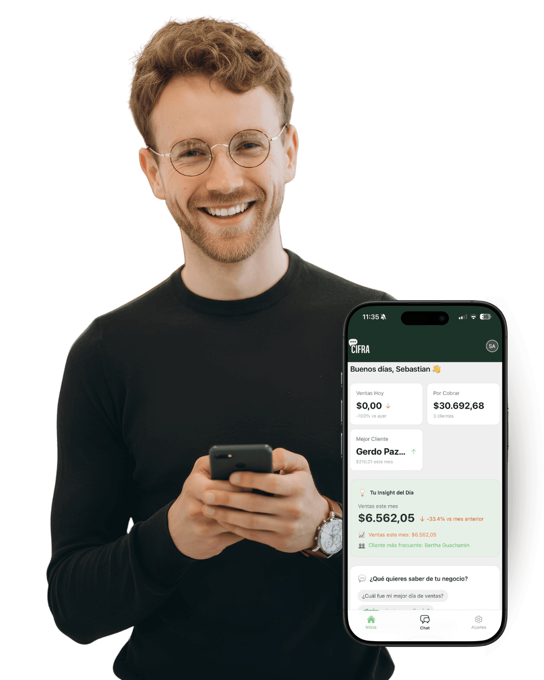 Empresario revisando Cifra en su teléfono con confianza